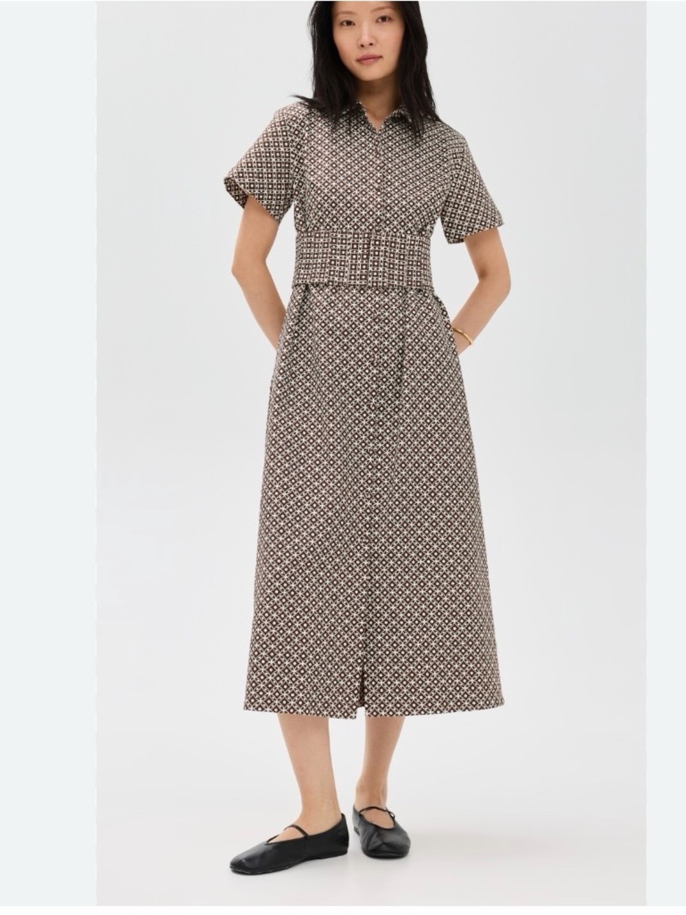 Hill House Printed Collared Midi Dress in Brown and Cream sz small NWT